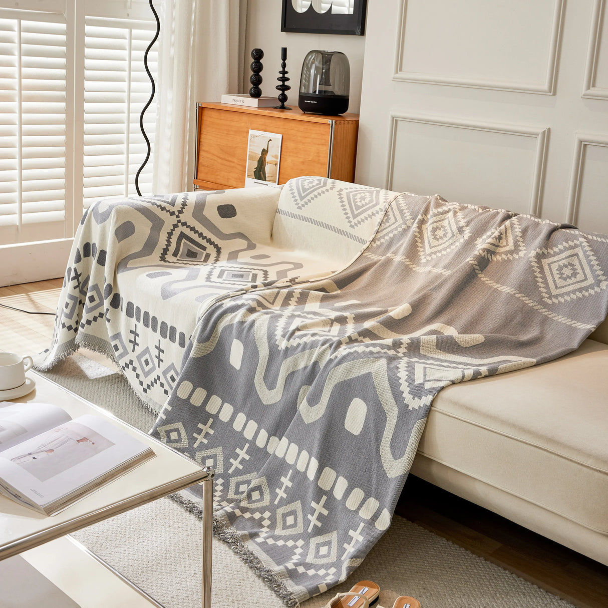 Boho Geometric Chenille Throw Sofa Cover Soft Textured Decorative Couch Blanket