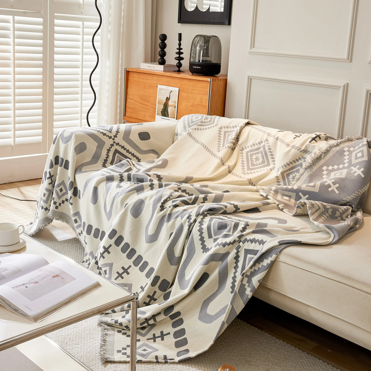 Boho Geometric Chenille Throw Sofa Cover Soft Textured Decorative Couch Blanket