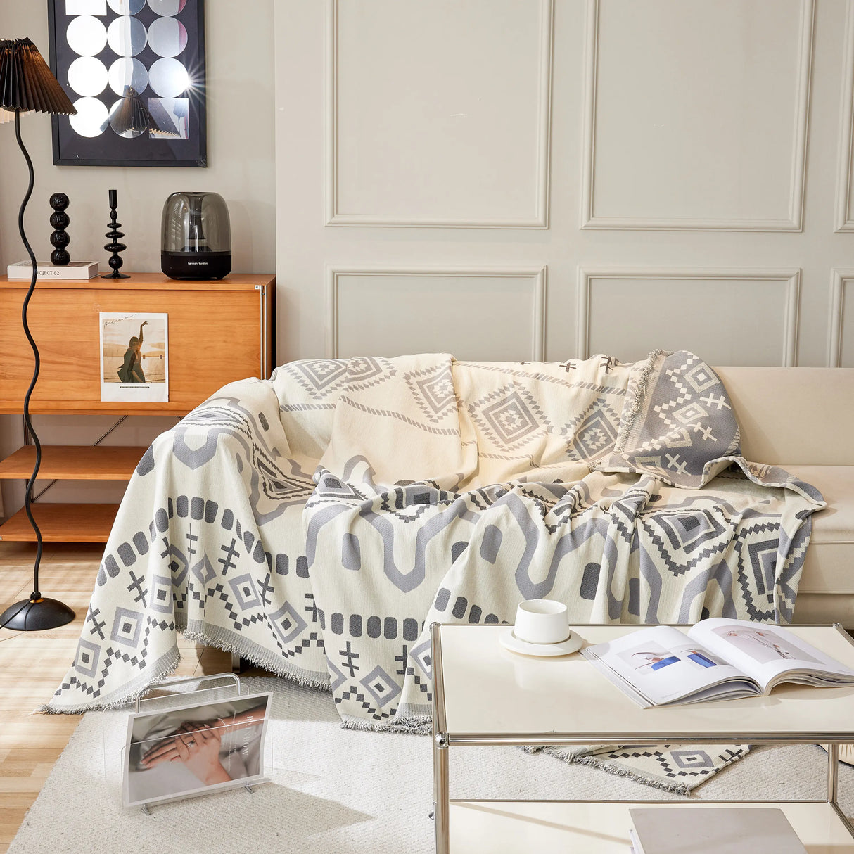 Boho Geometric Chenille Throw Sofa Cover Soft Textured Decorative Couch Blanket