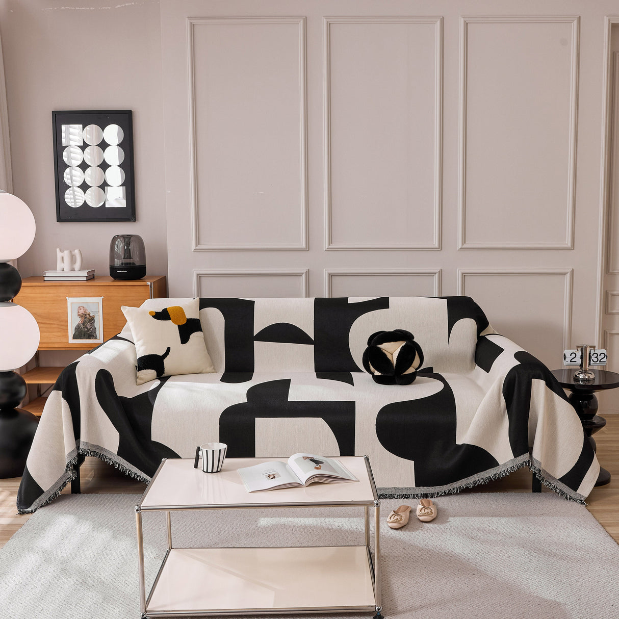 Modern Abstract Chenille Sofa Cover, Large Soft Throw Blanket with Tassels for Couch