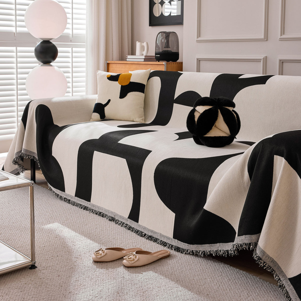 Modern Abstract Chenille Sofa Cover, Large Soft Throw Blanket with Tassels for Couch