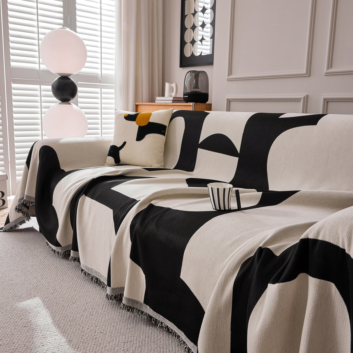 Modern Abstract Chenille Sofa Cover, Large Soft Throw Blanket with Tassels for Couch