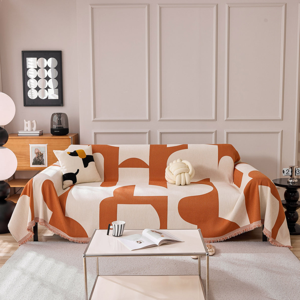 Modern Abstract Chenille Sofa Cover, Large Soft Throw Blanket with Tassels for Couch