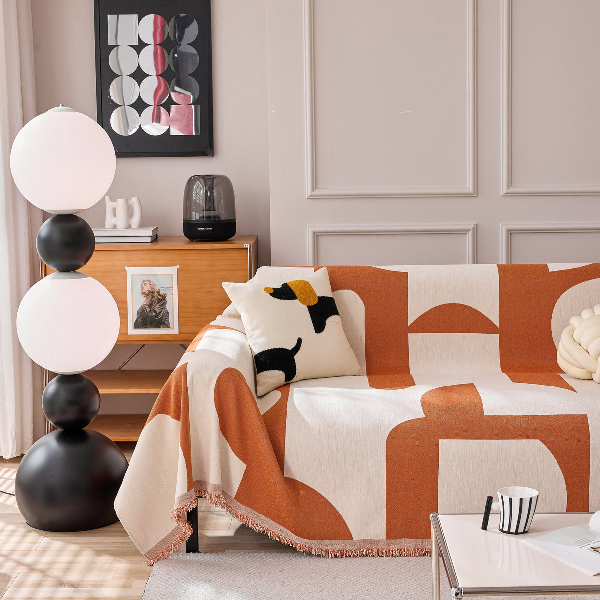 Modern Abstract Chenille Sofa Cover, Large Soft Throw Blanket with Tassels for Couch