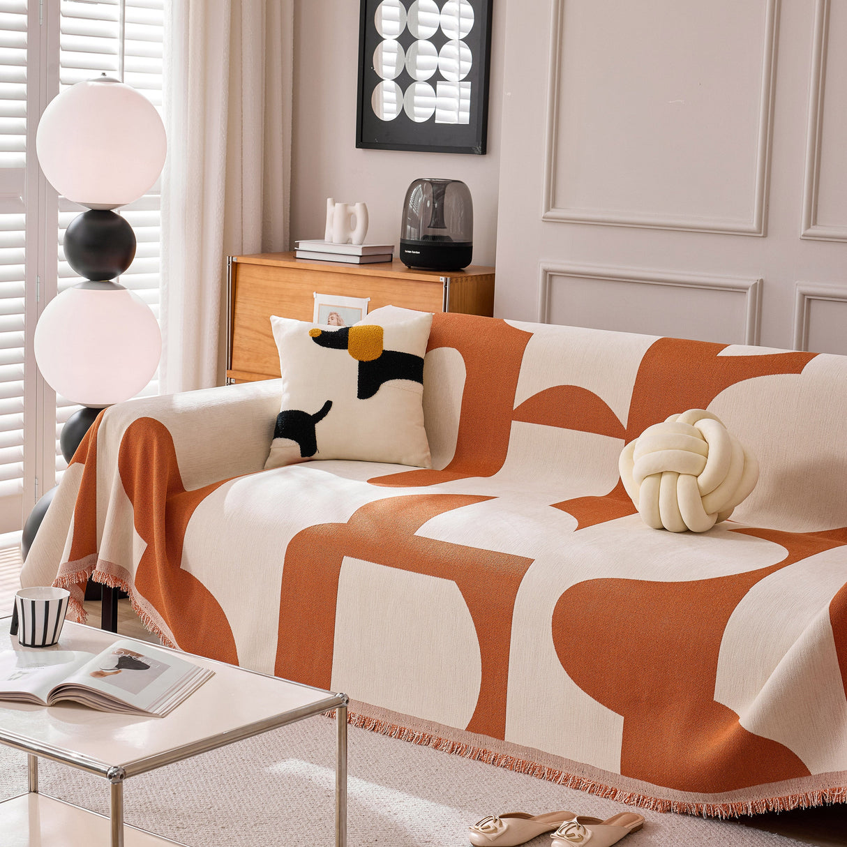 Modern Abstract Chenille Sofa Cover, Large Soft Throw Blanket with Tassels for Couch