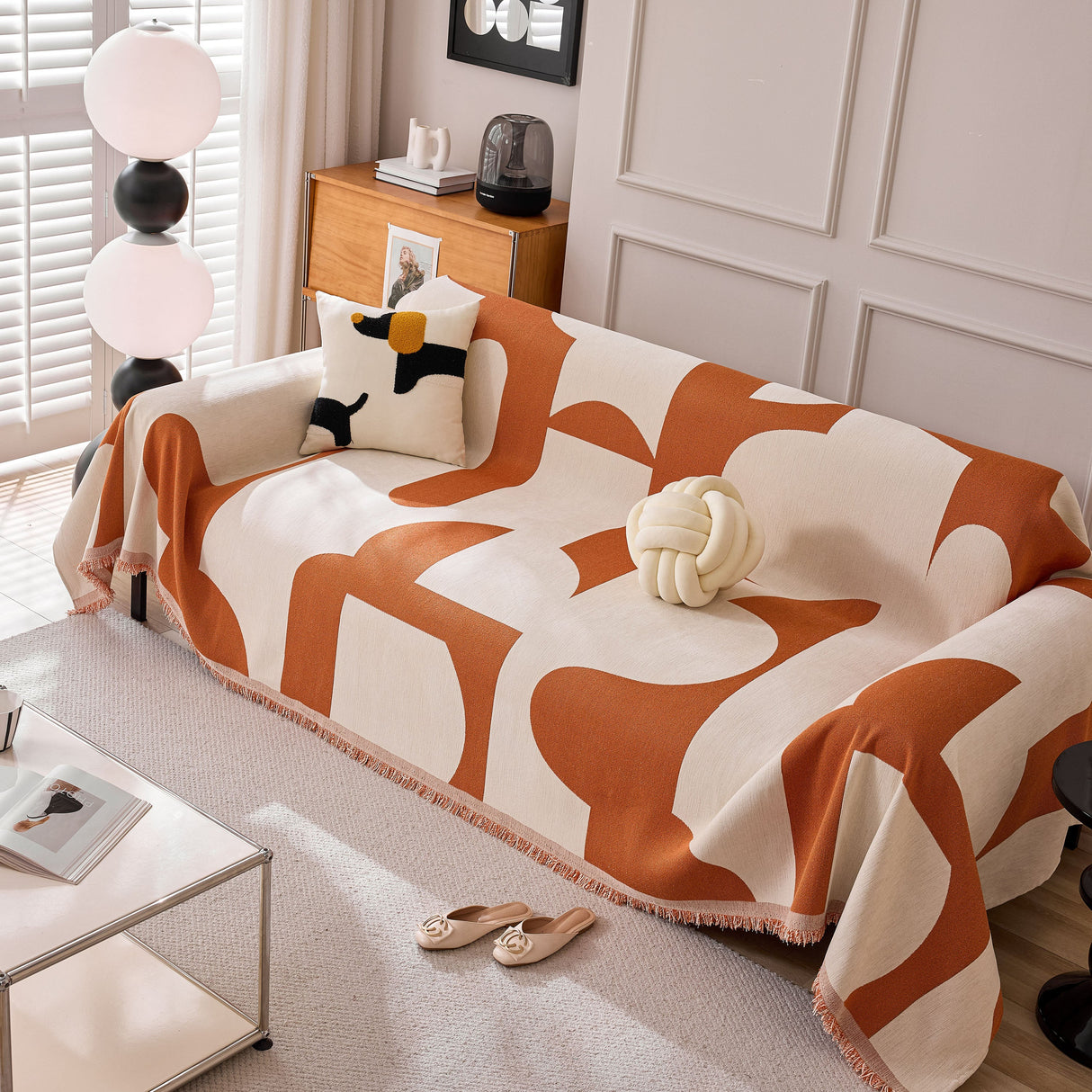 Modern Abstract Chenille Sofa Cover, Large Soft Throw Blanket with Tassels for Couch