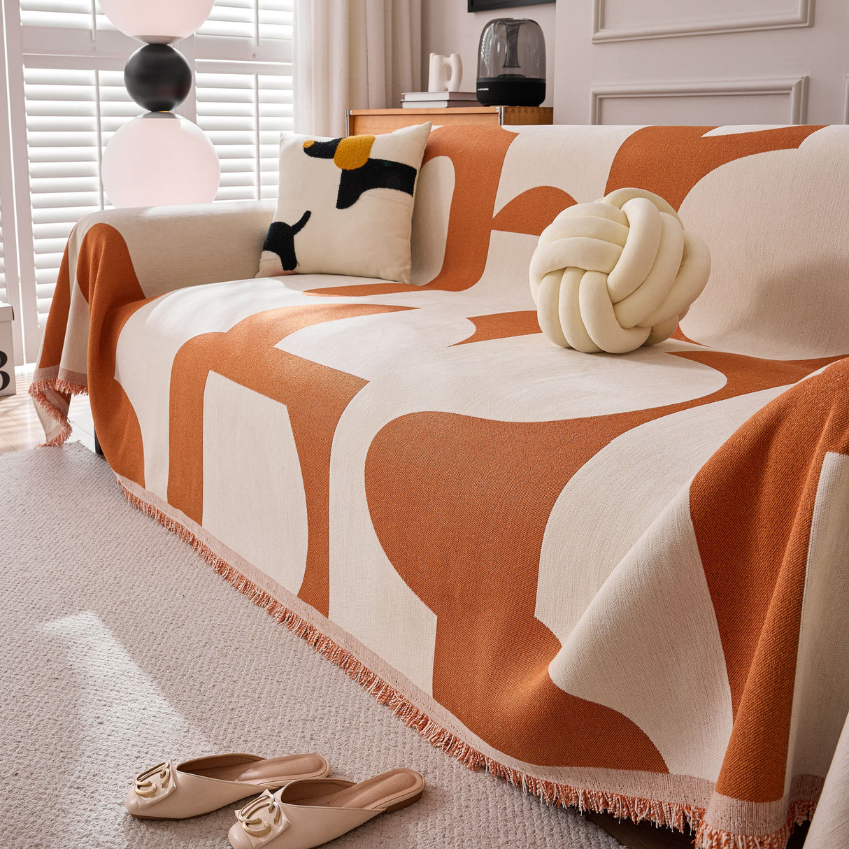 Modern Abstract Chenille Sofa Cover, Large Soft Throw Blanket with Tassels for Couch