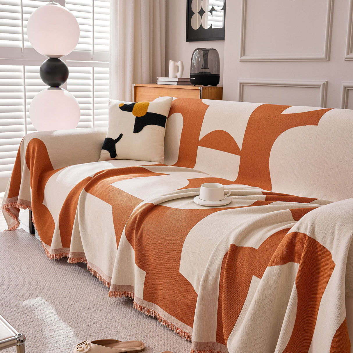 Modern Abstract Chenille Sofa Cover, Large Soft Throw Blanket with Tassels for Couch