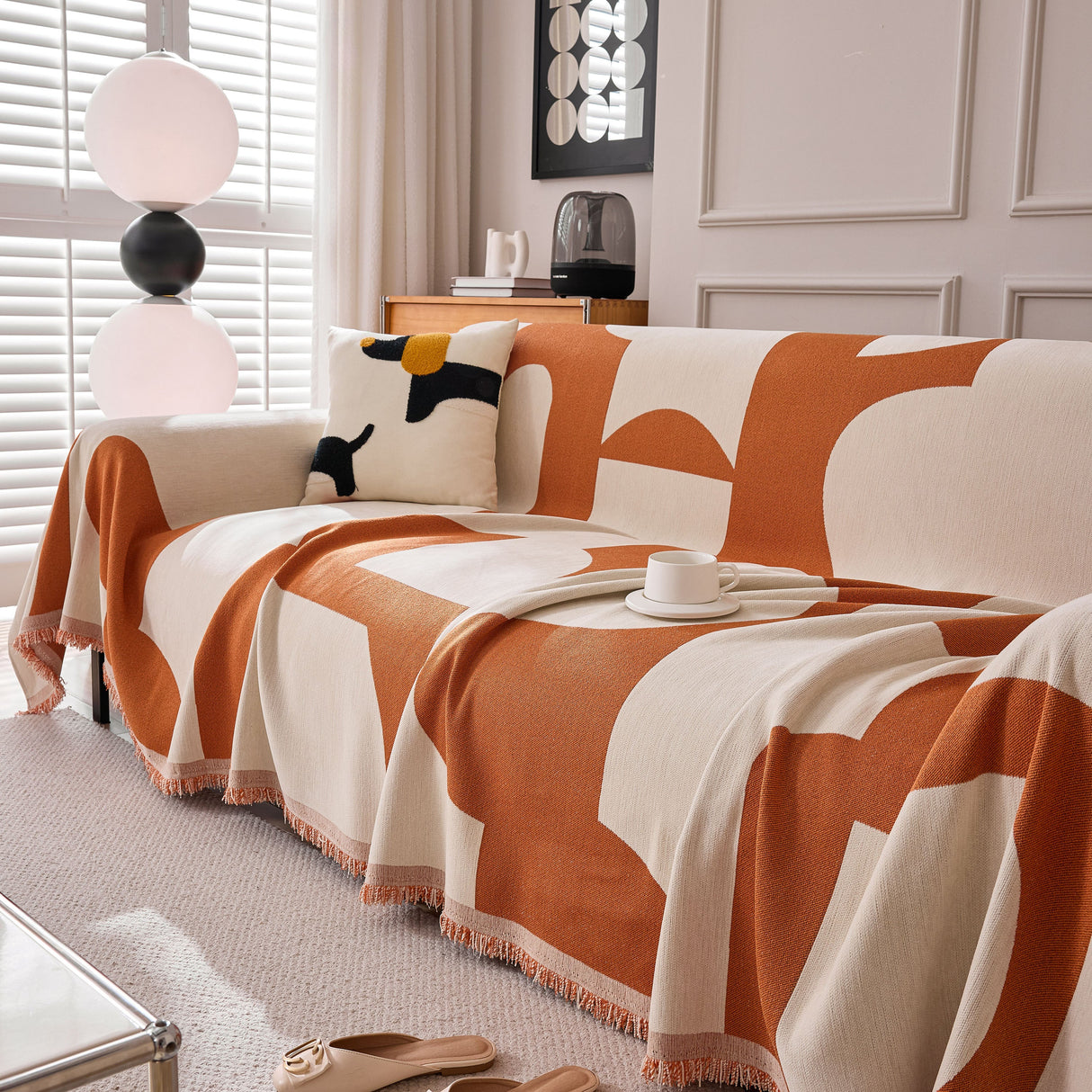 Modern Abstract Chenille Sofa Cover, Large Soft Throw Blanket with Tassels for Couch