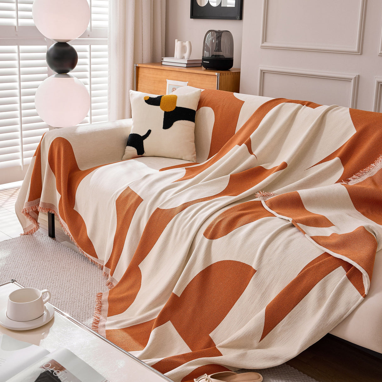 Modern Abstract Chenille Sofa Cover, Large Soft Throw Blanket with Tassels for Couch