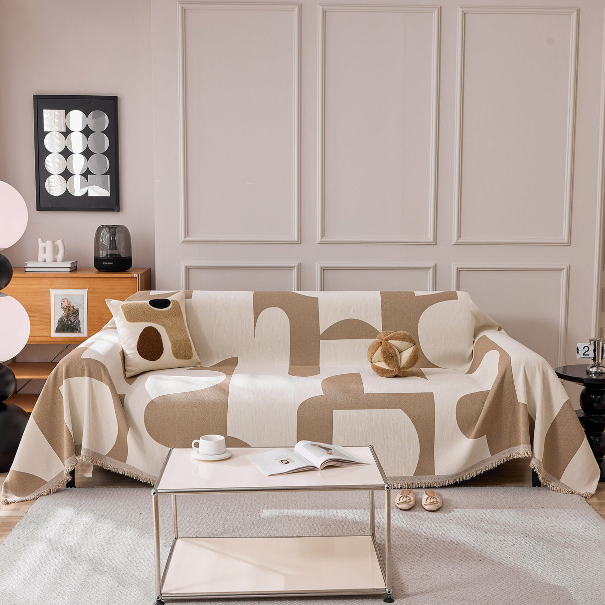 Modern Abstract Chenille Sofa Cover, Large Soft Throw Blanket with Tassels for Couch