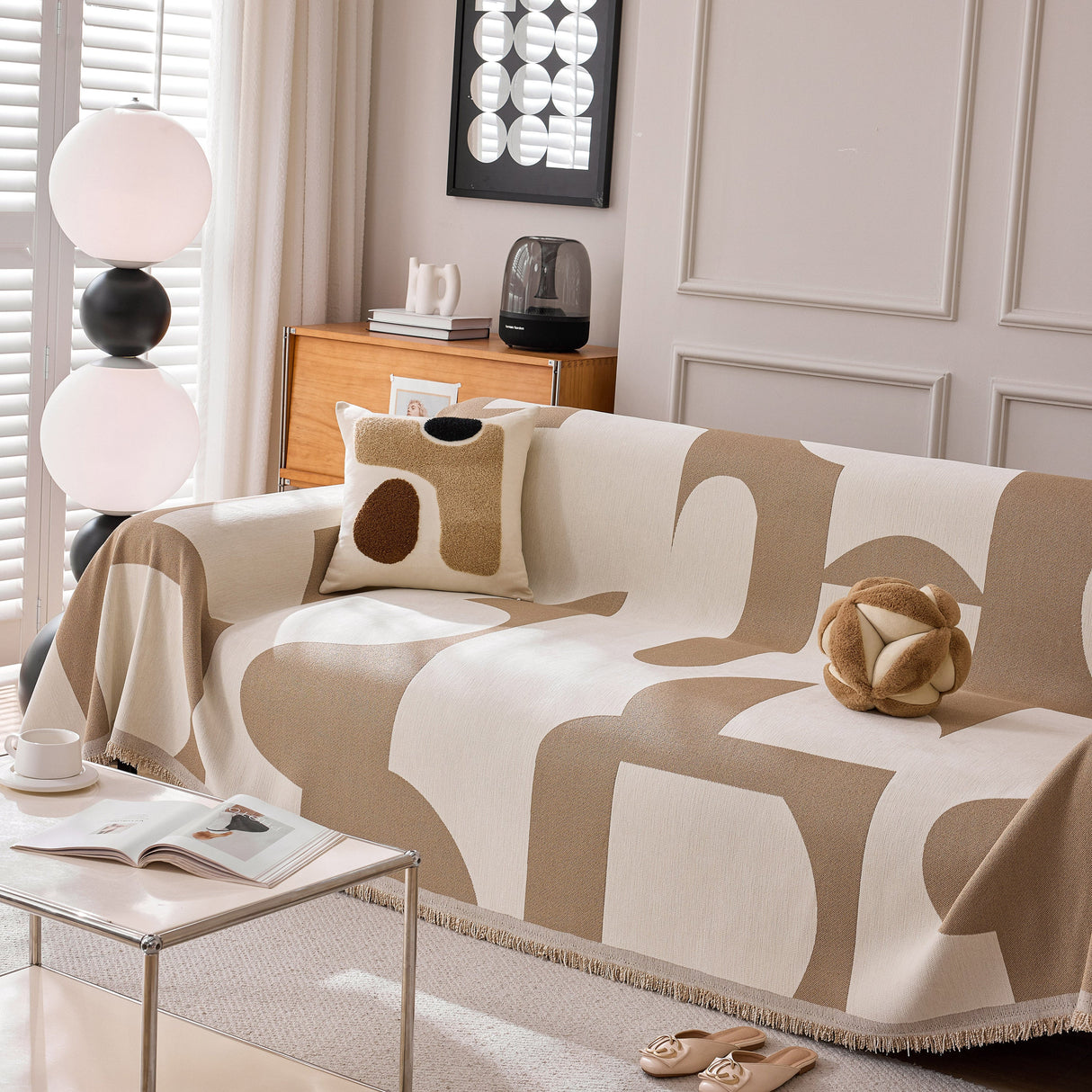 Modern Abstract Chenille Sofa Cover, Large Soft Throw Blanket with Tassels for Couch