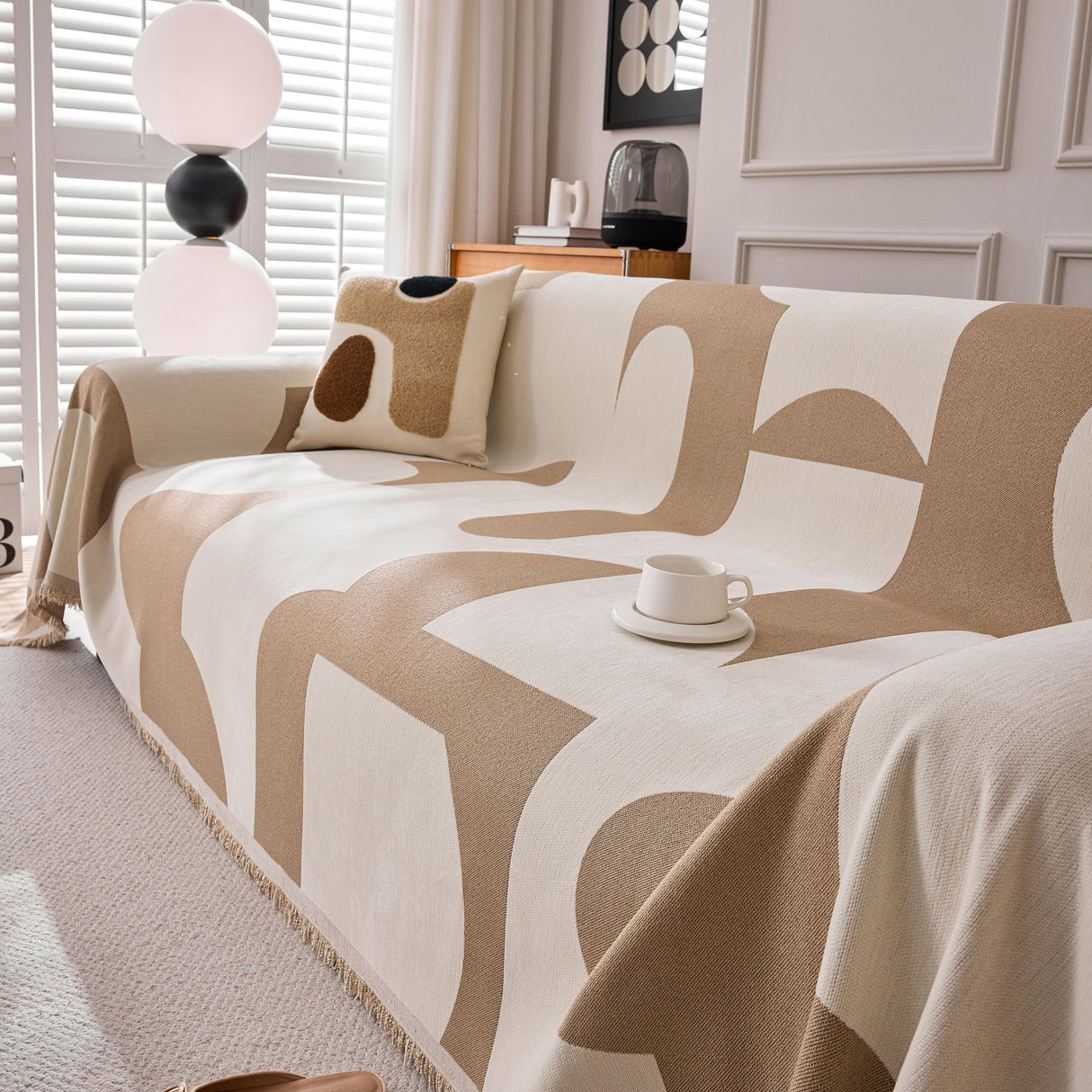 Modern Abstract Chenille Sofa Cover, Large Soft Throw Blanket with Tassels for Couch