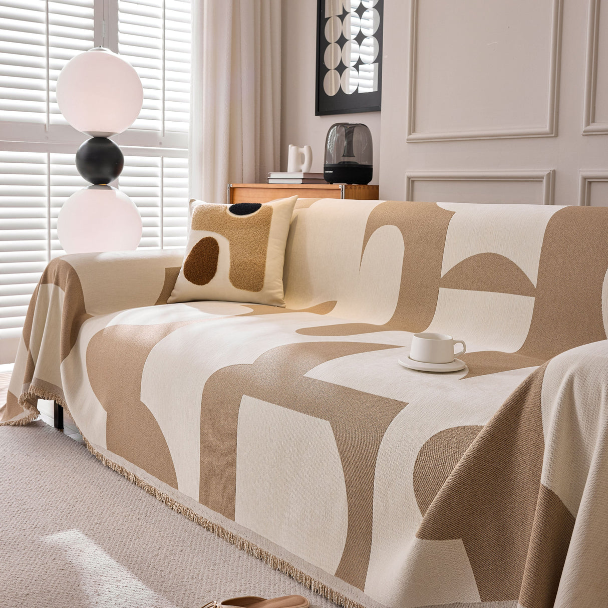 Modern Abstract Chenille Sofa Cover, Large Soft Throw Blanket with Tassels for Couch