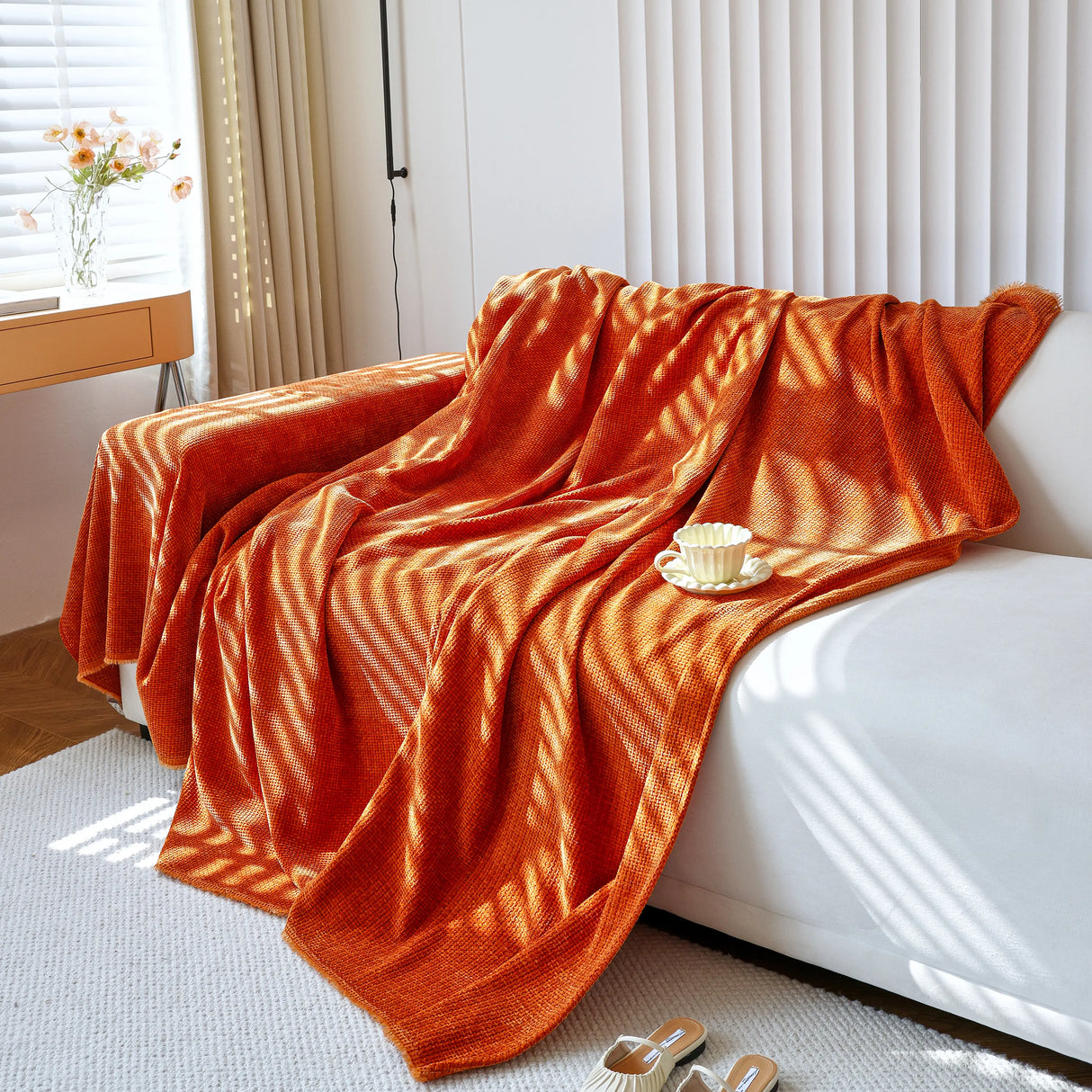 Chenille Thickened Solid Couch Blanket Throws, Reversible Couch Covers for Sectional Couches