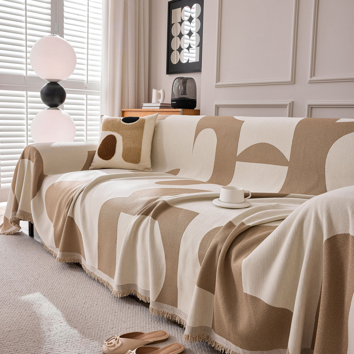 Modern Abstract Chenille Sofa Cover, Large Soft Throw Blanket with Tassels for Couch