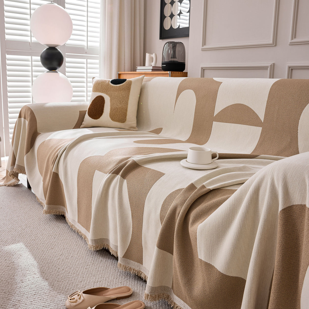 Modern Abstract Chenille Sofa Cover, Large Soft Throw Blanket with Tassels for Couch