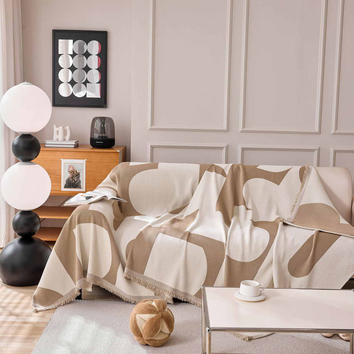 Modern Abstract Chenille Sofa Cover, Large Soft Throw Blanket with Tassels for Couch