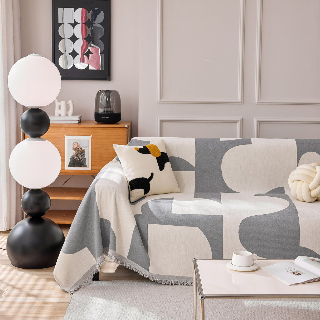 Modern Abstract Chenille Sofa Cover, Large Soft Throw Blanket with Tassels for Couch