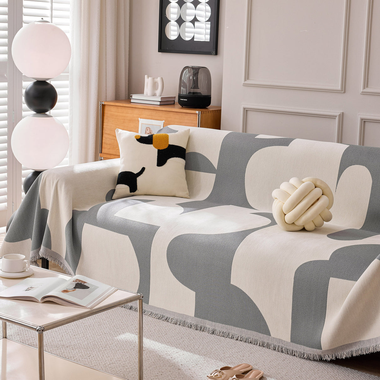 Modern Abstract Chenille Sofa Cover, Large Soft Throw Blanket with Tassels for Couch