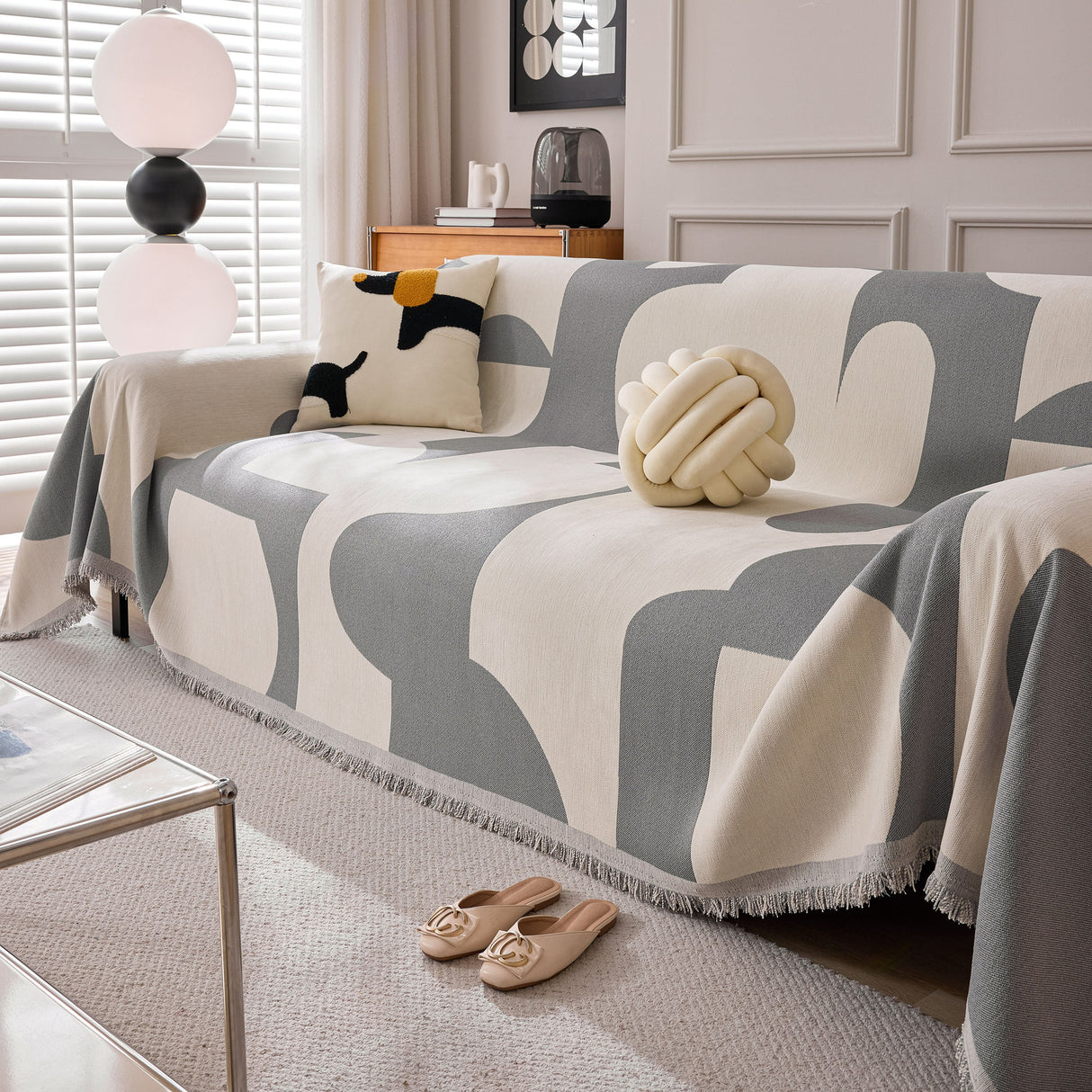 Modern Abstract Chenille Sofa Cover, Large Soft Throw Blanket with Tassels for Couch