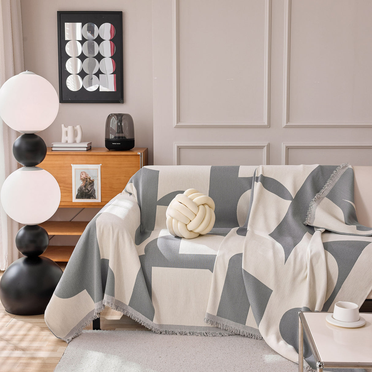 Modern Abstract Chenille Sofa Cover, Large Soft Throw Blanket with Tassels for Couch