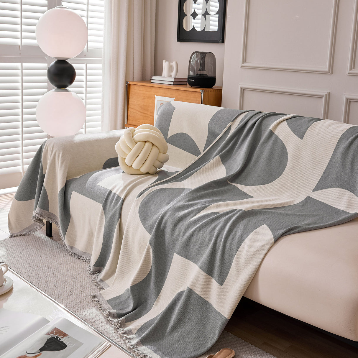 Modern Abstract Chenille Sofa Cover, Large Soft Throw Blanket with Tassels for Couch