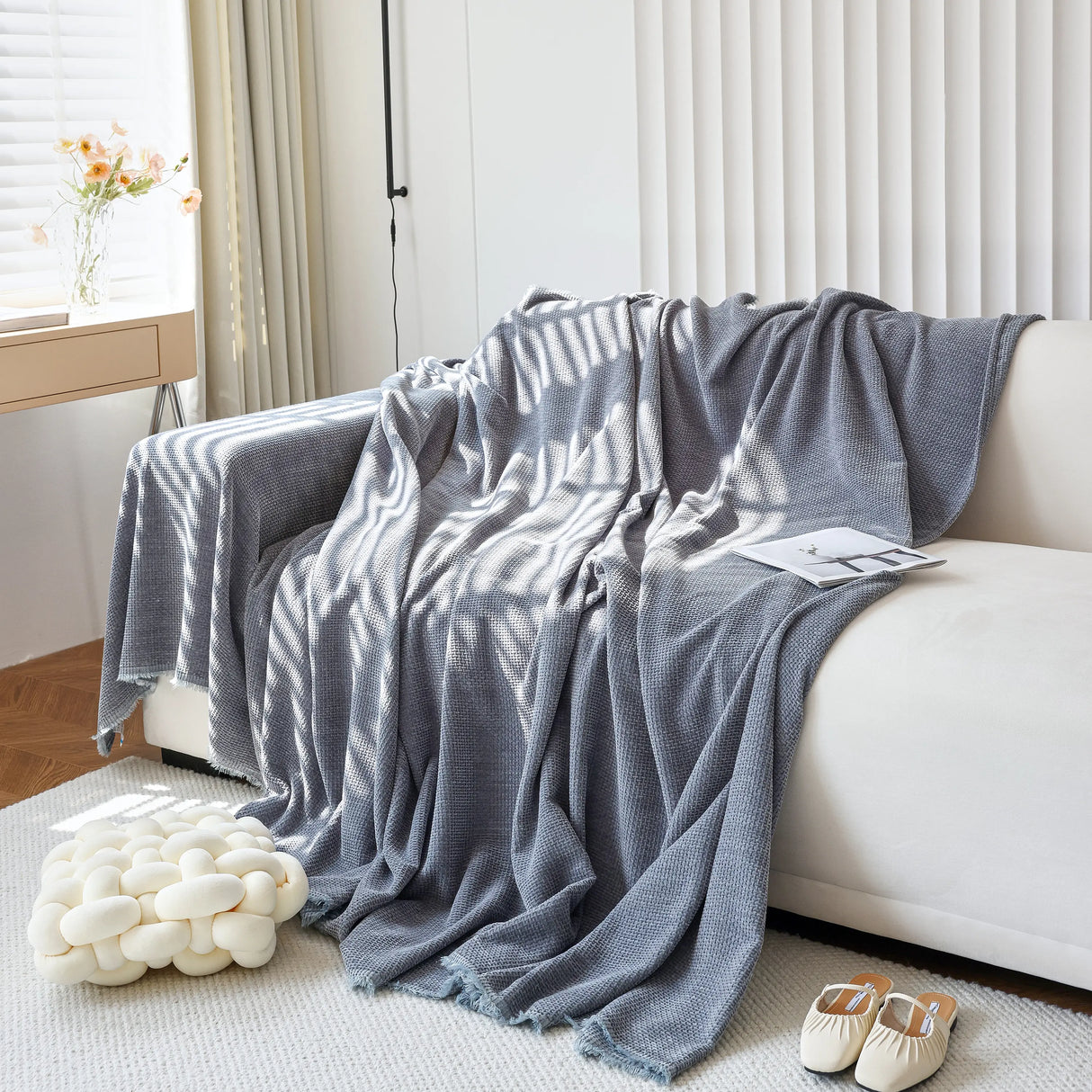 Chenille Thickened Solid Couch Blanket Throws, Reversible Couch Covers for Sectional Couches