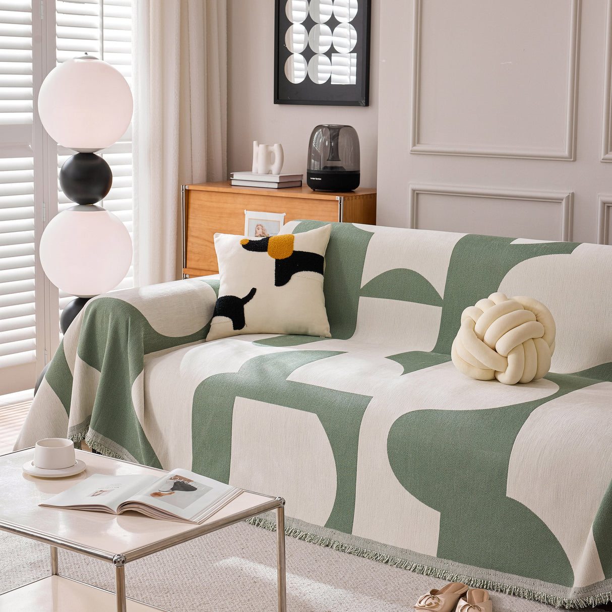 Modern Abstract Chenille Sofa Cover, Large Soft Throw Blanket with Tassels for Couch