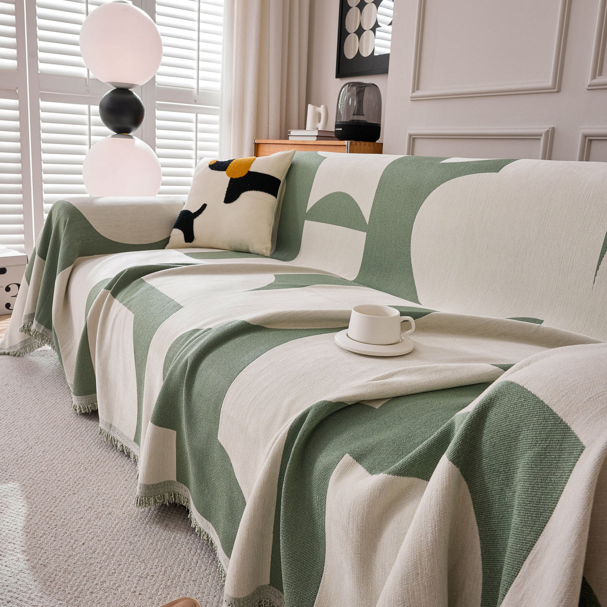 Modern Abstract Chenille Sofa Cover, Large Soft Throw Blanket with Tassels for Couch