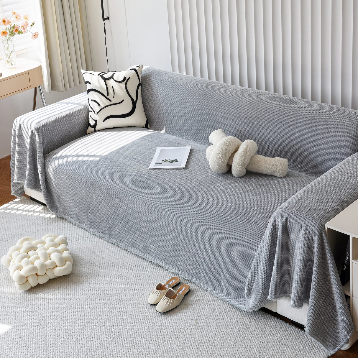 Chenille Thickened Solid Couch Blanket Throws, Reversible Couch Covers for Sectional Couches