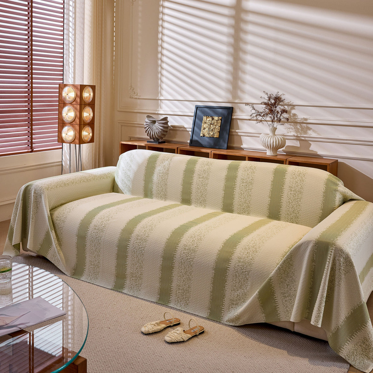 Modern Striped Couch Protector Blanket, Furniture Slipcover for L Shaped Sectionals