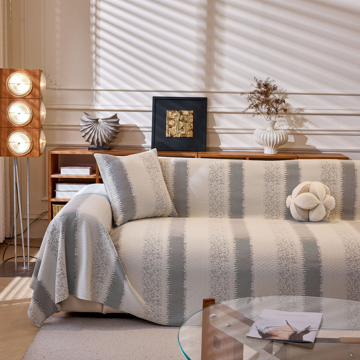 Modern Striped Couch Protector Blanket, Furniture Slipcover for L Shaped Sectionals