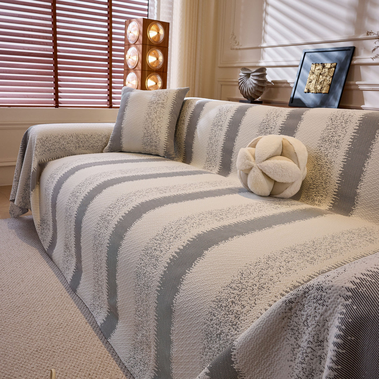 Modern Striped Couch Protector Blanket, Furniture Slipcover for L Shaped Sectionals