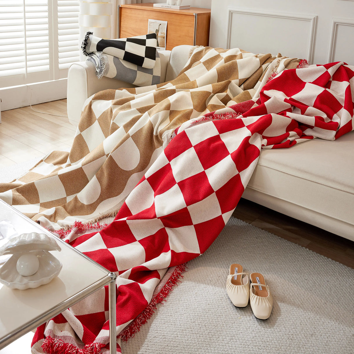 Chenille Plaid Couch Covers for Couches, Sectional Couch Covers, Stylish Sofa Throw Blanket