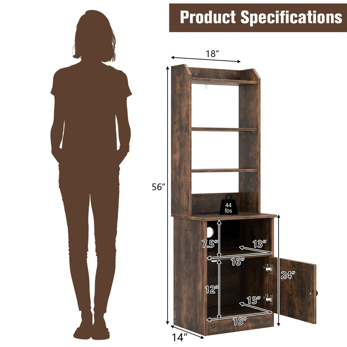 6-Tier Bookshelf Nightstand with Charging Station and Cabinet-Rustic Brown