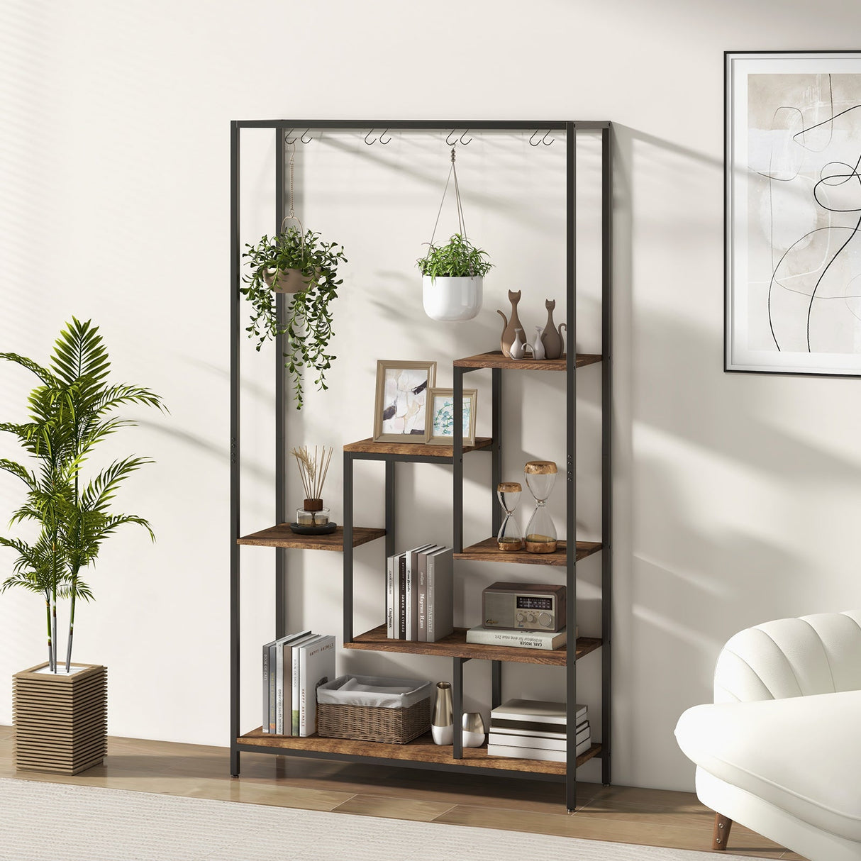 6-Tier Tall Plant Stand 71 Inch Metal Indoor Plant Shelf with 10 Hanging Hooks-Rustic Brown