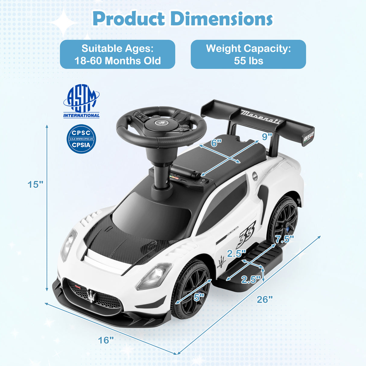 6V Electric Kids Ride on Push Car Maserati Licensed with Foot Pedal and Music-White