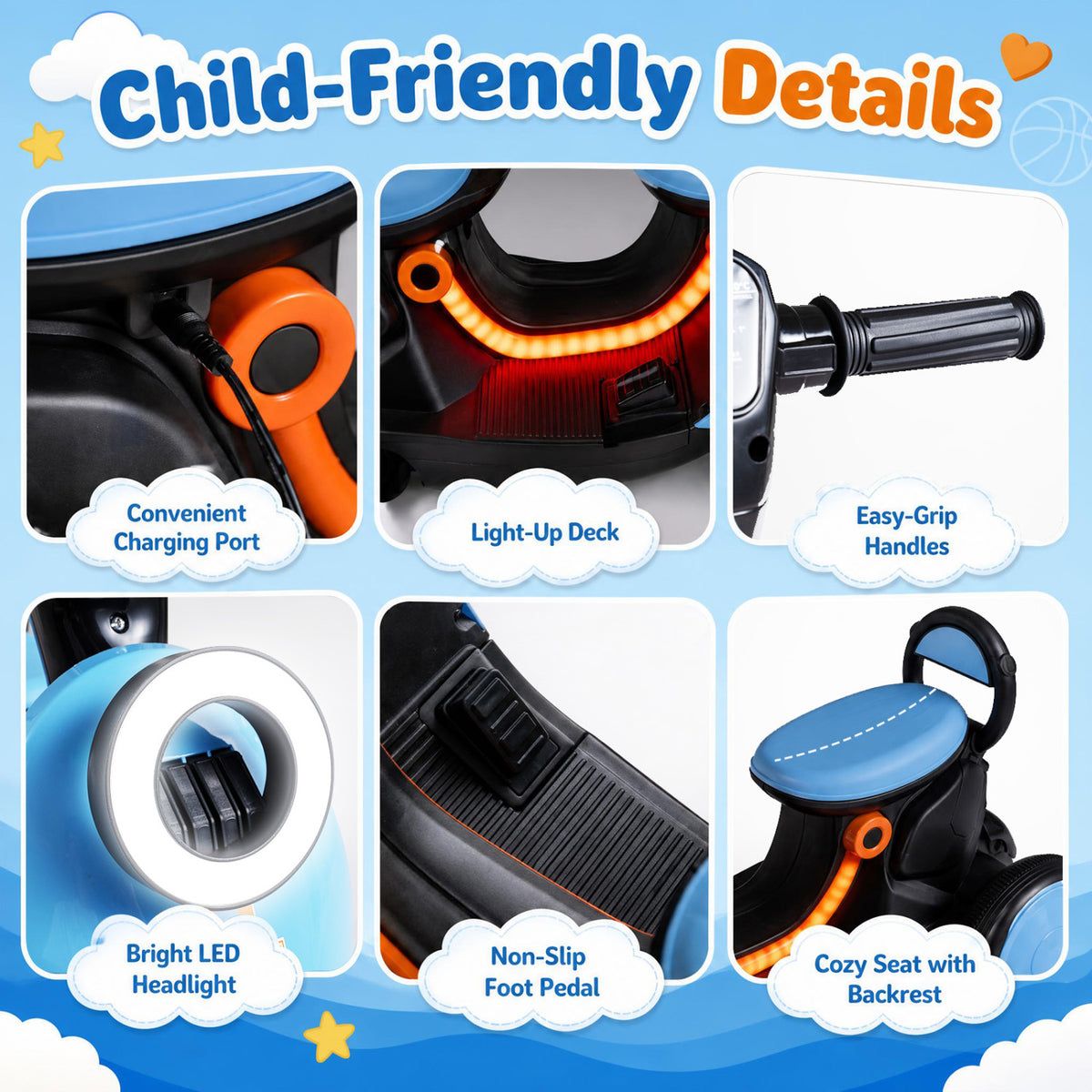 6V Electric Ride on Motorcycle with LED Headlight for Kids Aged 3-5 Years-Blue