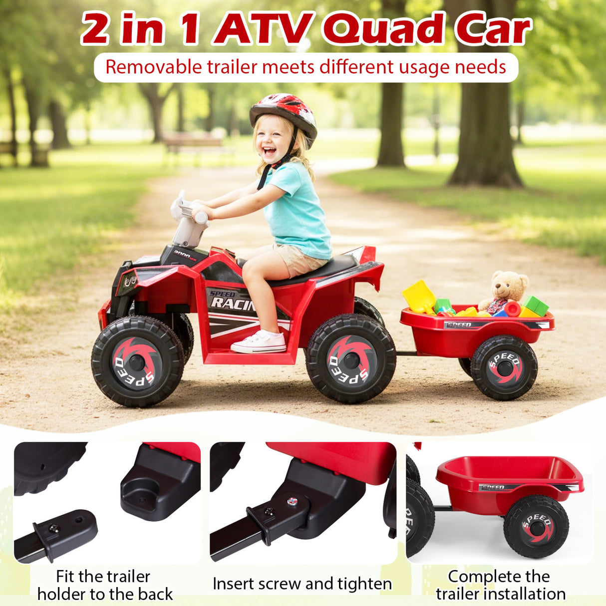 6V Kids Electric ATV Quad Car with Detachable Trailer-Red
