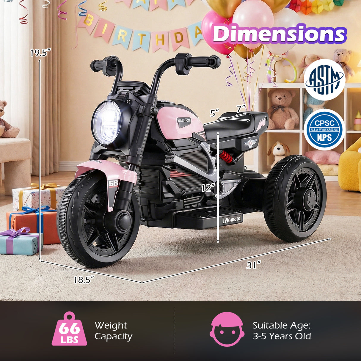 6V Kids Electric Motorcycle with LED Headlight and Music for Toddlers Aged 3-5-Pink