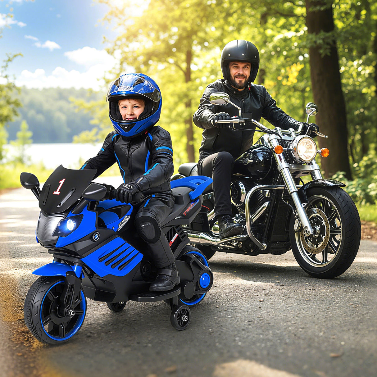 6V Kids Motorcycle with Headlights Music and Detachable Training Wheels-Navy