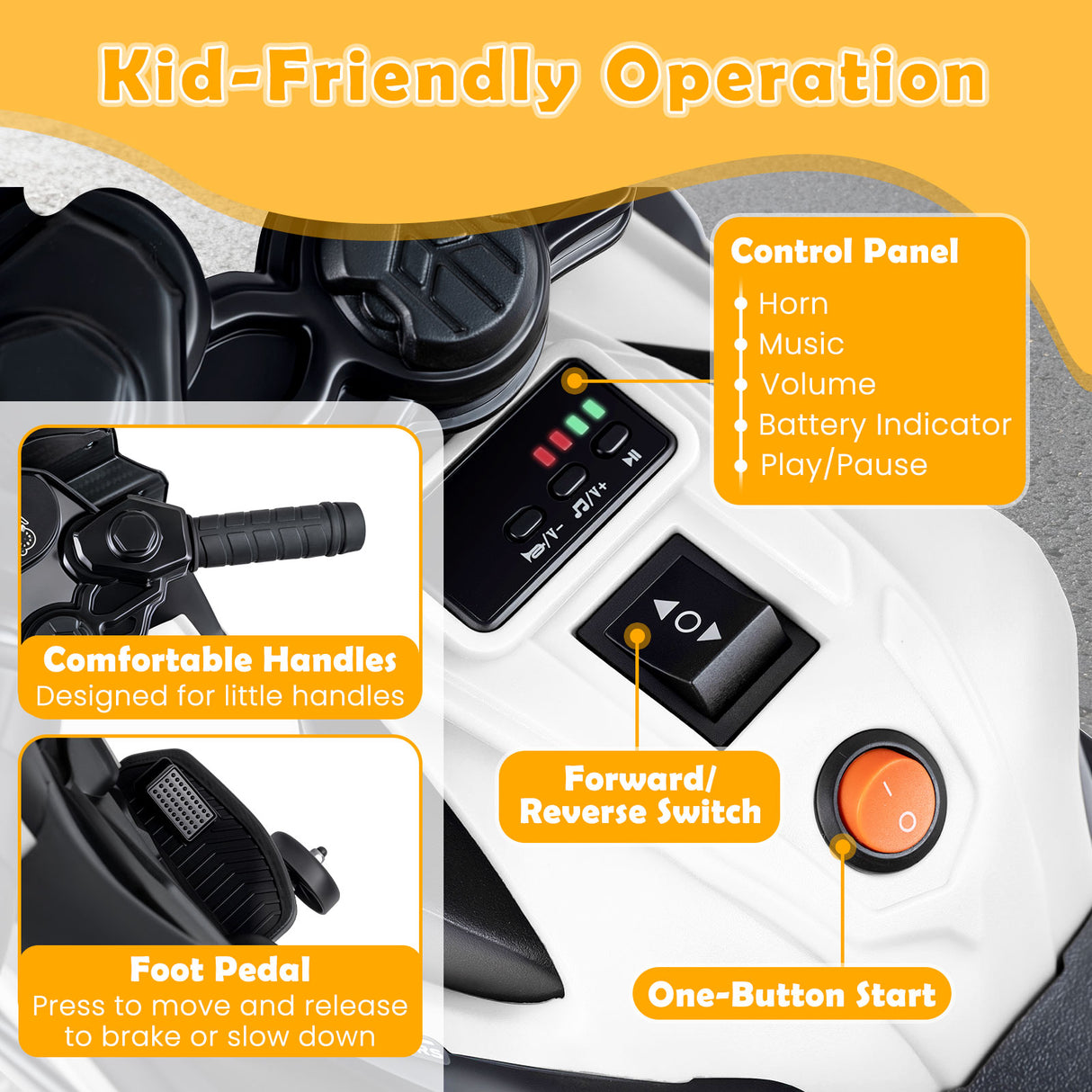 6V Kids Motorcycle with Headlights Music and Detachable Training Wheels-White
