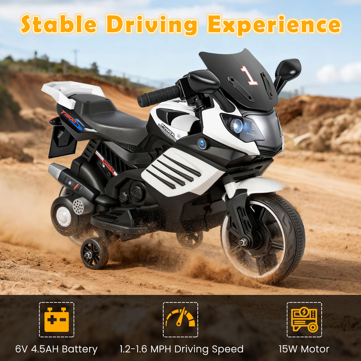 6V Kids Motorcycle with Headlights Music and Detachable Training Wheels-White