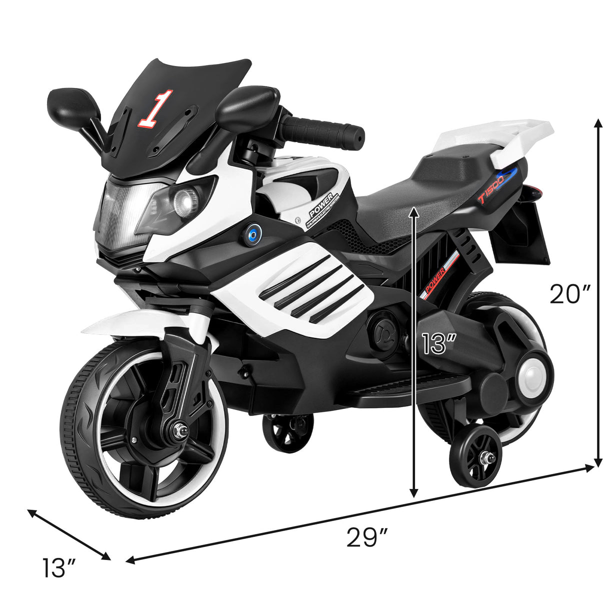 6V Kids Motorcycle with Headlights Music and Detachable Training Wheels-White