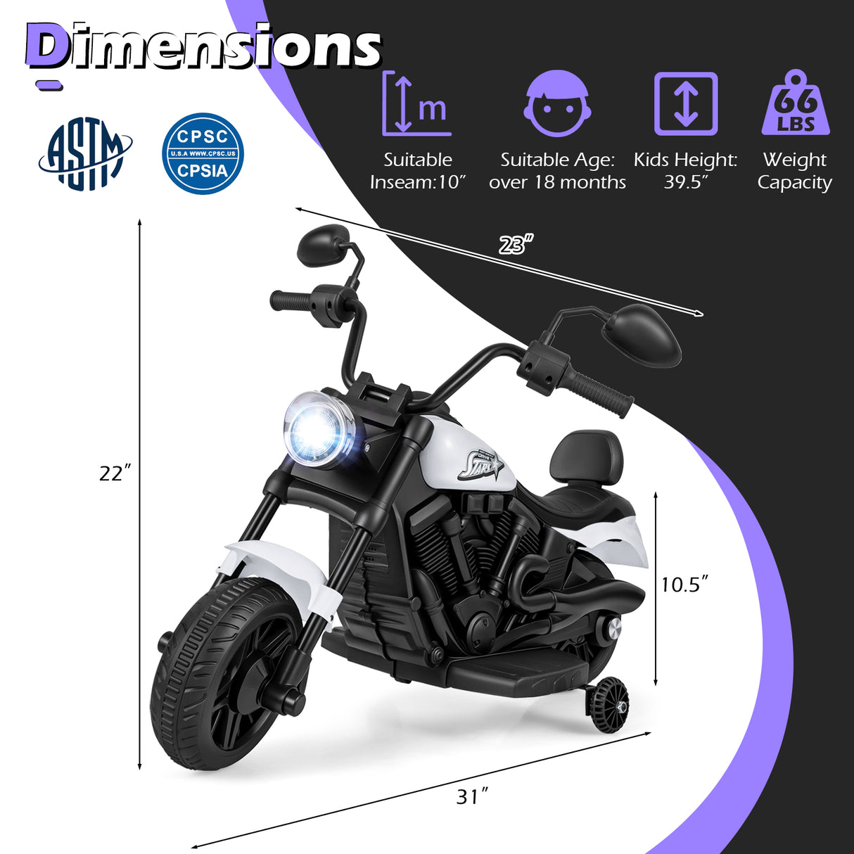 6V Kids Motorcycle with Headlight and Music and Training Wheels-White