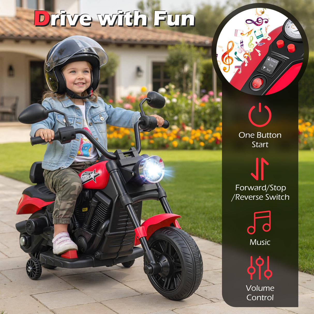 6V Kids Motorcycle with Headlight and Music and Training Wheels-Red