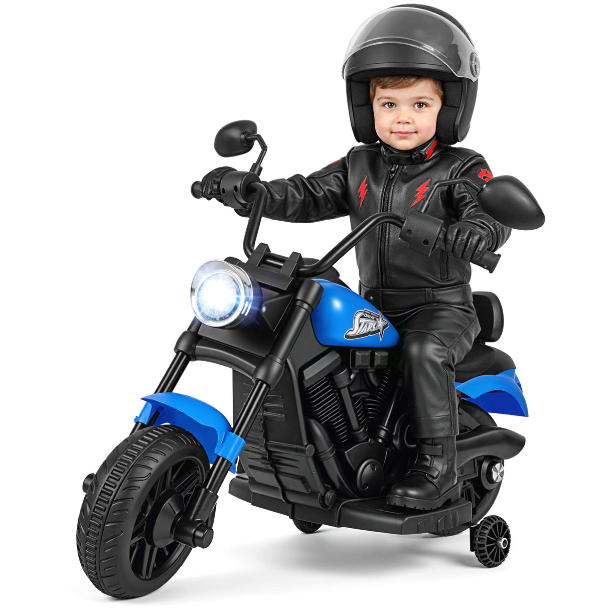 6V Kids Motorcycle with Headlight and Music and Training Wheels-Navy