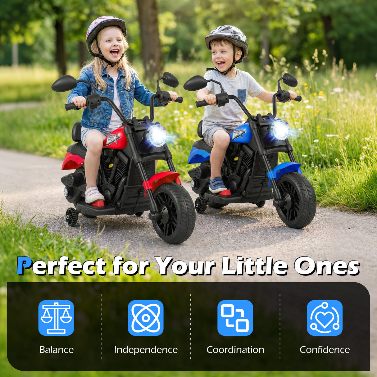 6V Kids Motorcycle with Headlight and Music and Training Wheels-Navy
