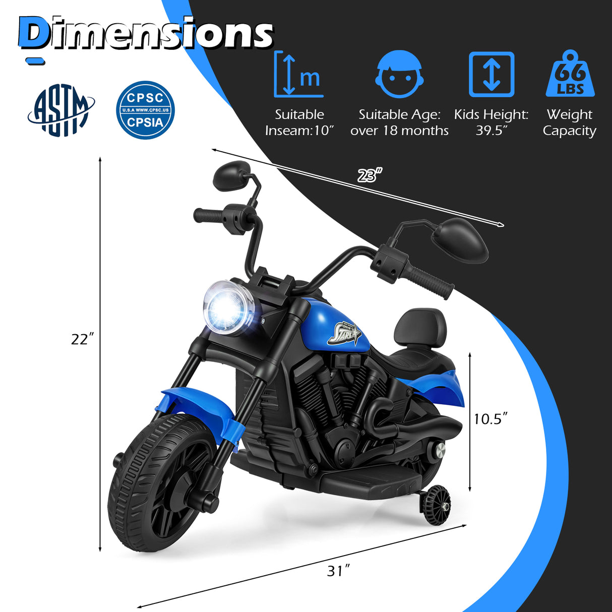 6V Kids Motorcycle with Headlight and Music and Training Wheels-Navy